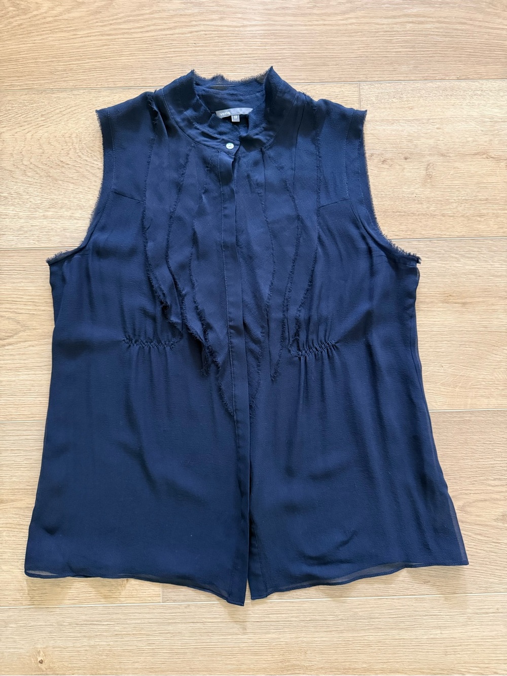 Vince 100% Silk Sleeveless Raw Edge Blouse Top Size 12 Navy